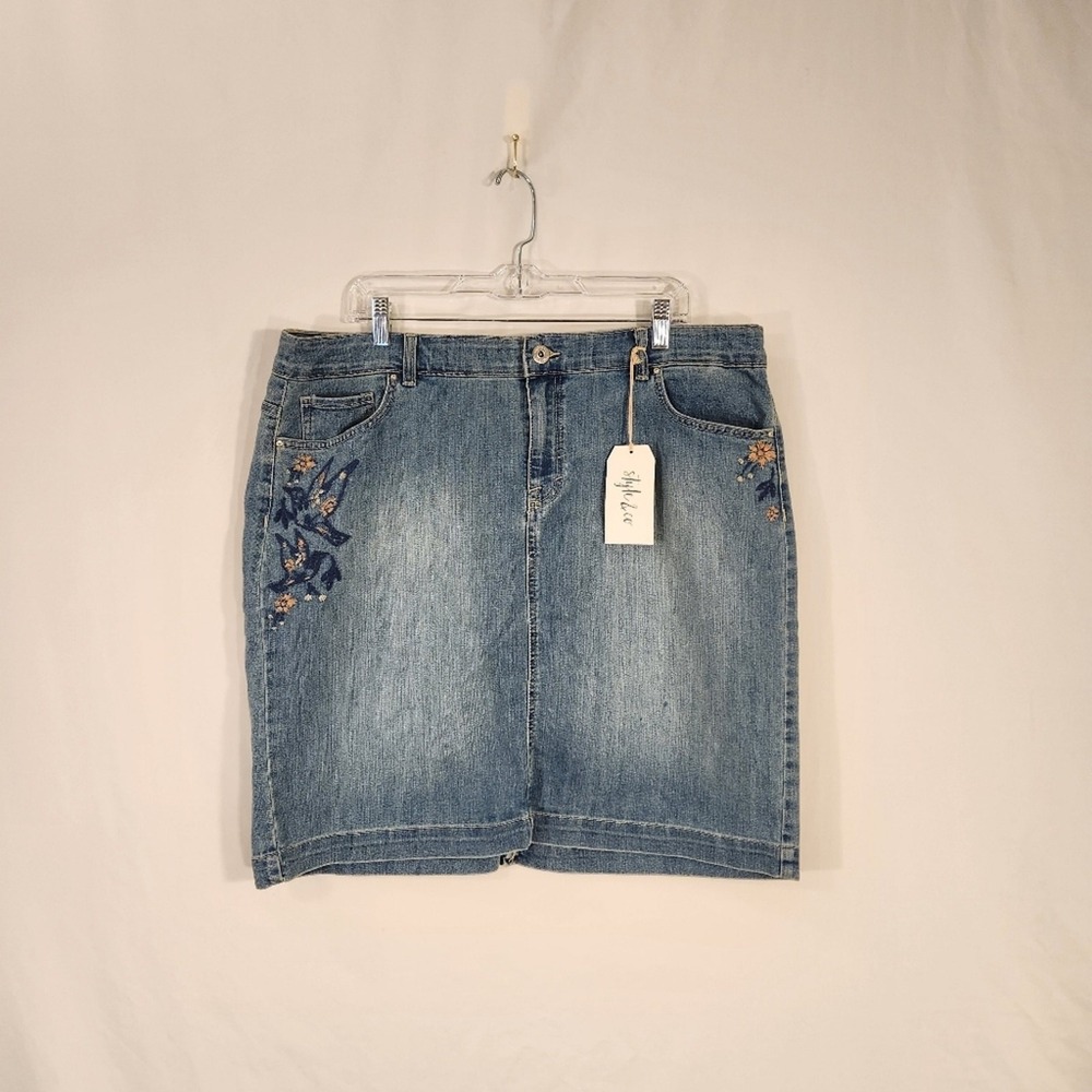 STYLE & CO Blue Denim Embroidered Birds Boho Cottagecore Mini Skirt Women 18 NEW